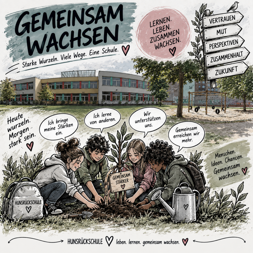 Illustrationsbild zum Schlagwort gemeinsam Wachsen, mehrere Kinder pflanzen einen kleinen Baum ein