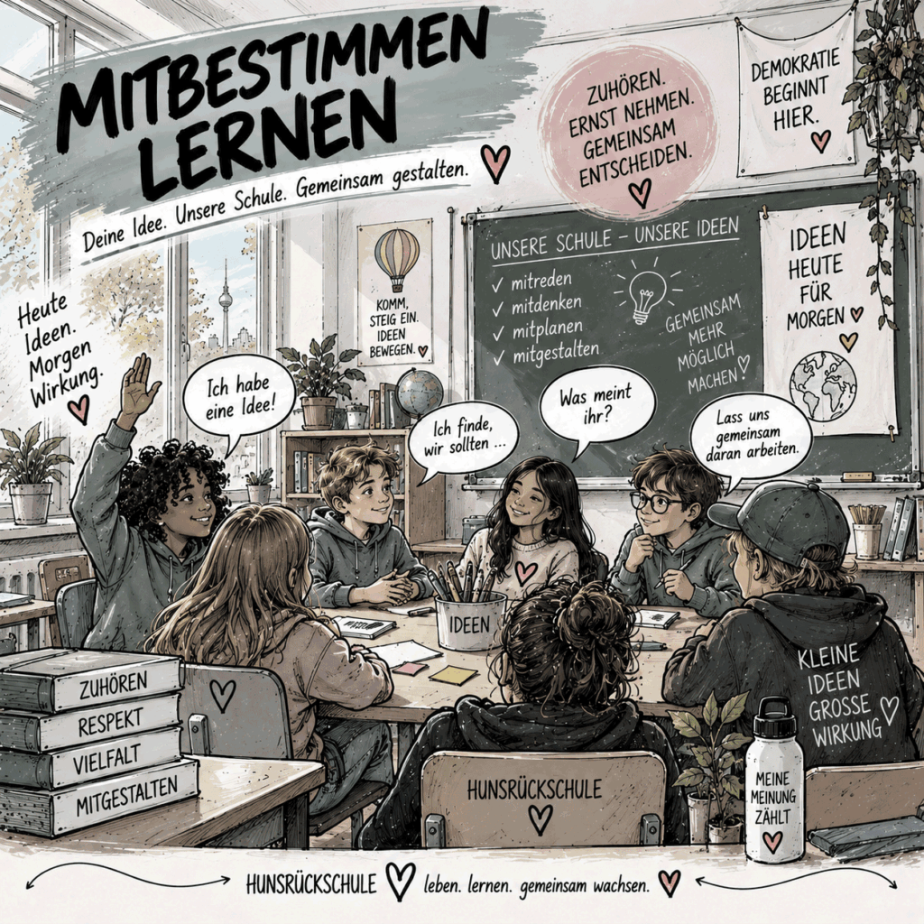 Illustrationsbild zum Schlagwort Gesehen werden, mehrere Kinder diskutieren in einem Klassenraum.