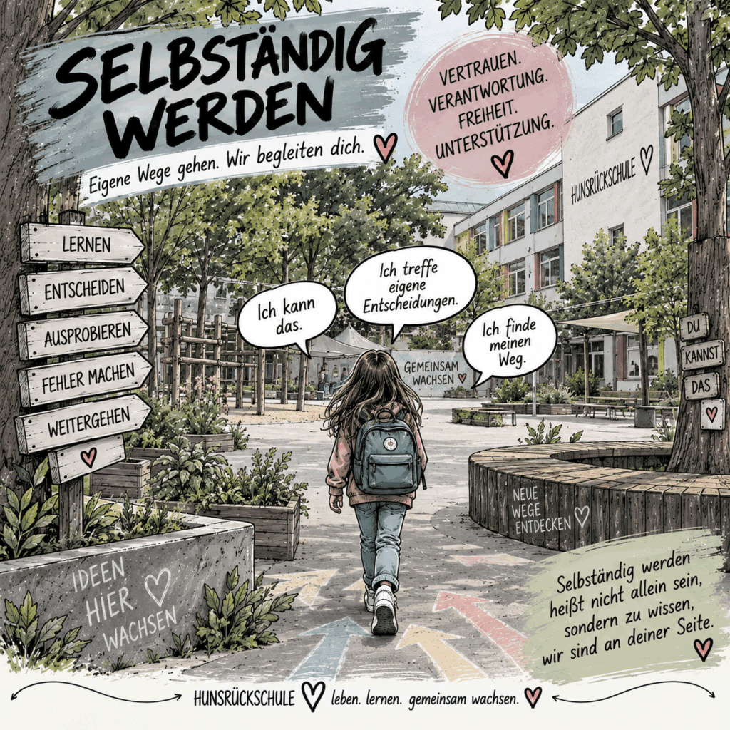 Illustrationsbild zum Schlagwort Selbständig werden, ein Kind geht allein auf ein Schulgebäude zu
