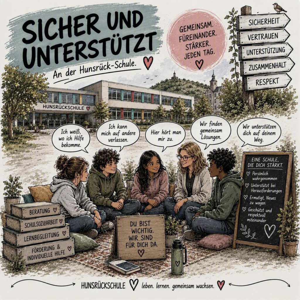 Illustrationsbild zum Schlagwort Sicher und Unterstützt, mehrere Kinder unterhalten sich vertrauensvoll mit einer erwachsenen Person.