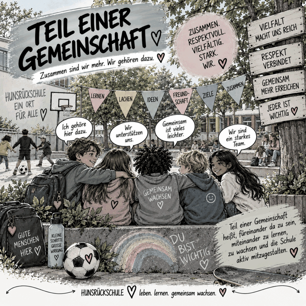Illustrationsbild zum Schlagwort Gesehen werden, mehrere Kinder sitzen gemeinsam im Außenbereich einer Schule andere spielen im Hintergrund.
